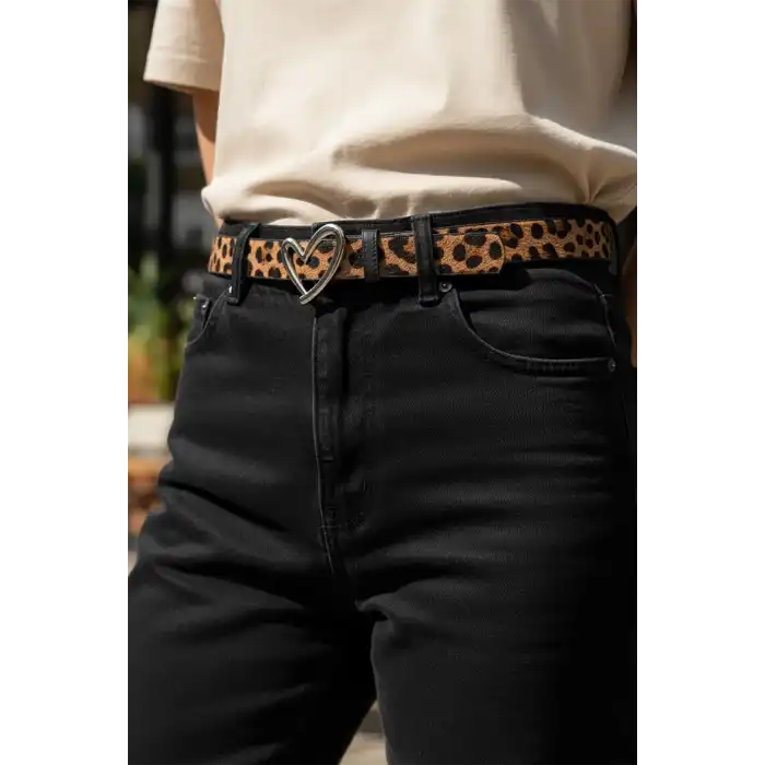 Gümüş Renk Leopar Desenli Kadın Deri Kemer