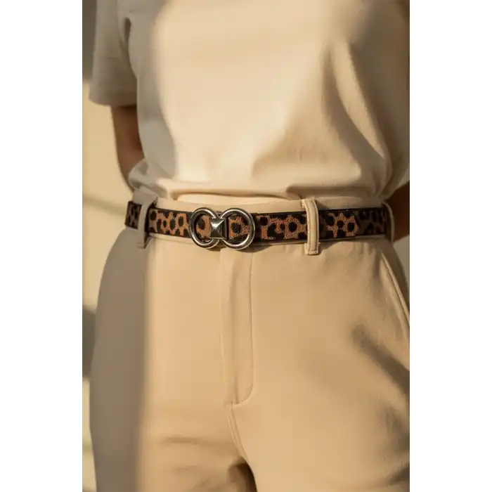 Gümüş Renk Leopar Desenli Kadın Deri Kemer