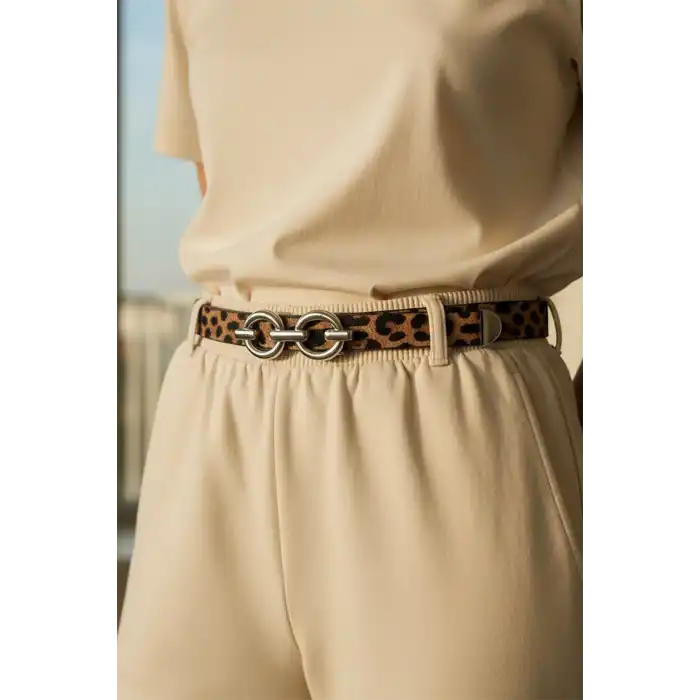 Gümüş Renk Leopar Desenli Kadın Deri Kemer