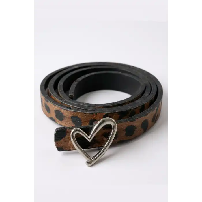 Gümüş Renk Leopar Desenli Kadın Deri Kemer