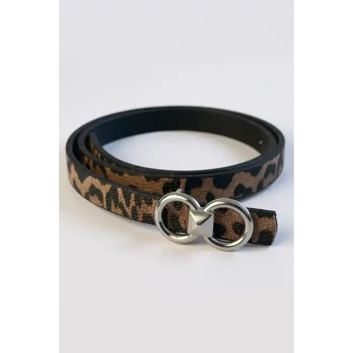 Gümüş Renk Leopar Desenli Kadın Deri Kemer