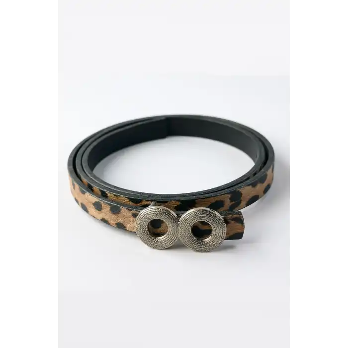 Gümüş Renk Leopar Desenli Kadın Deri Kemer