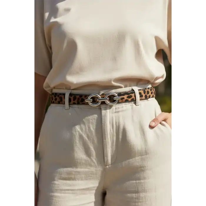 Gümüş Renk Leopar Desenli Kadın Deri Kemer