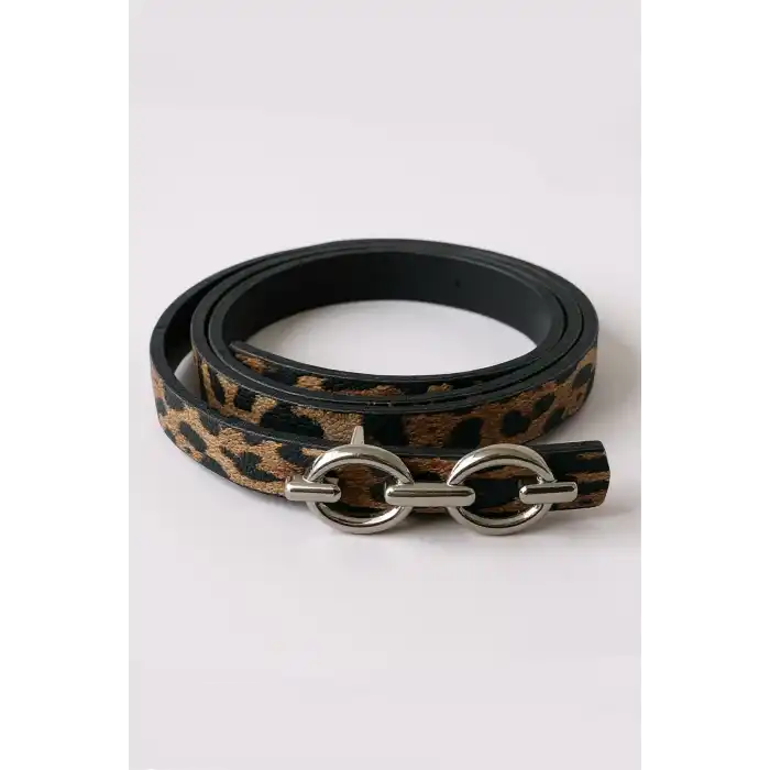 Gümüş Renk Leopar Desenli Kadın Deri Kemer