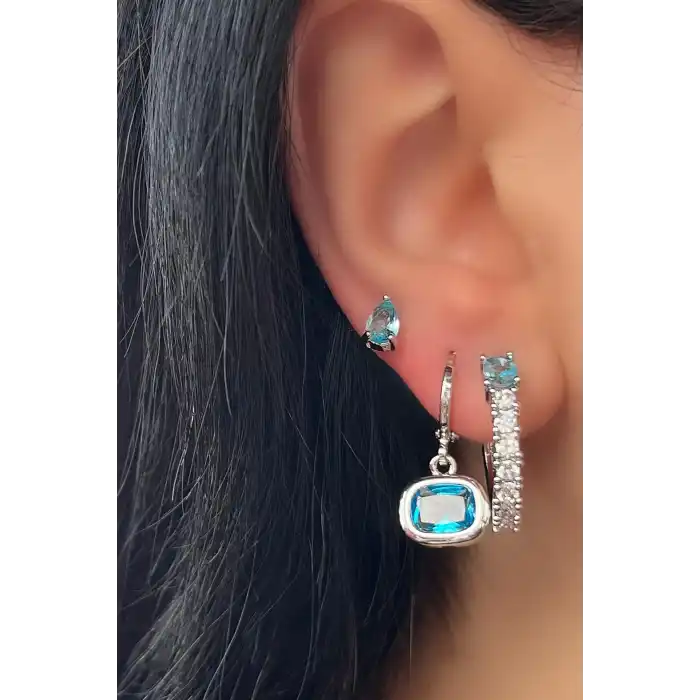 Gümüş Renk Mavi Taş Detaylı 3lü YSX Küpe Set