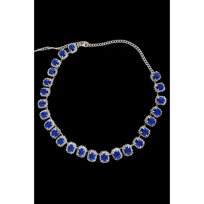 Gümüş Renk Mavi Taş Detaylı Tasarım Abiye Kolye