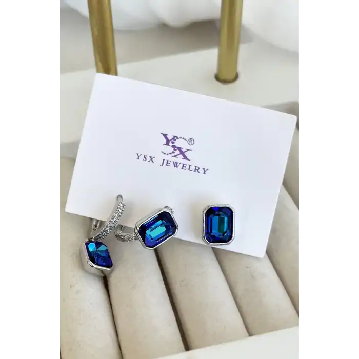 Gümüş Renk Mavi Taş Detaylı VİP 3lü YSX Küpe Set