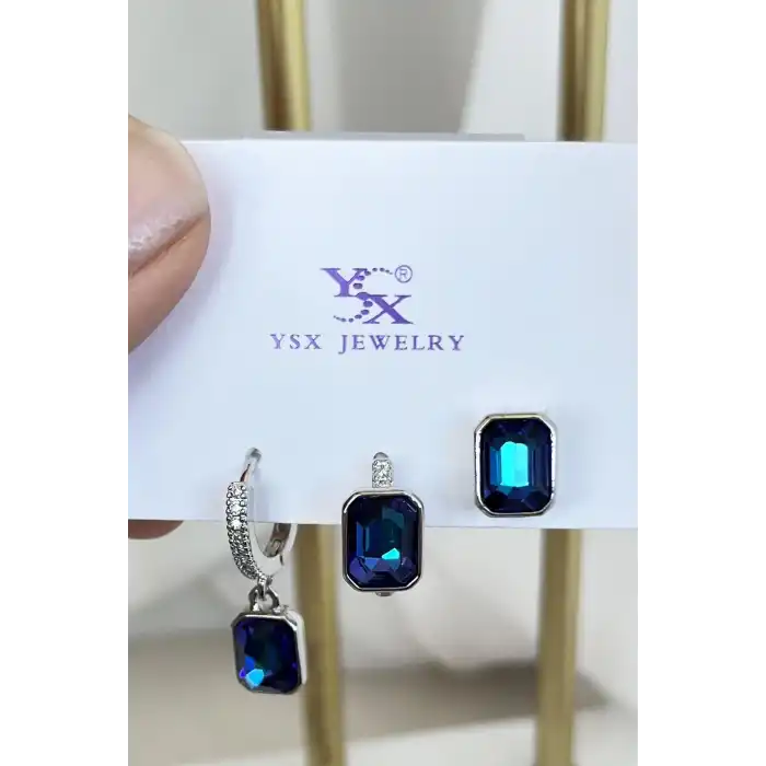 Gümüş Renk Mavi Taş Detaylı VİP 3lü YSX Küpe Set