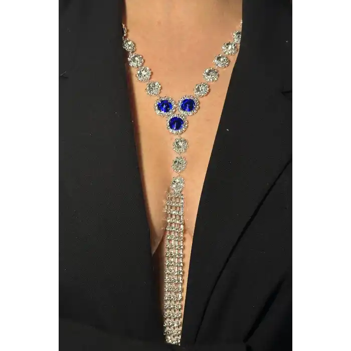 Gümüş Renk Mavi Taş Detaylı Vücut Aksesuarı