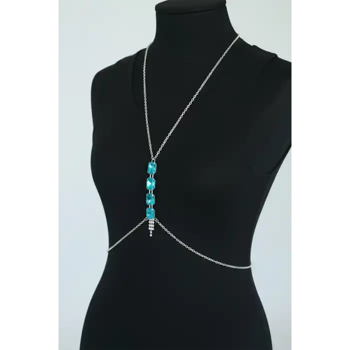 Gümüş Renk Mavi Taş Detaylı Vücut Aksesuarı