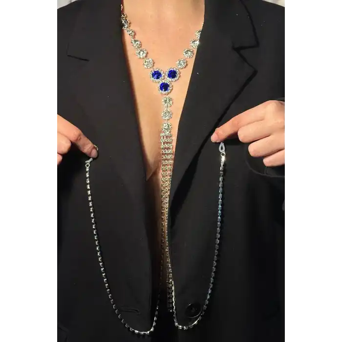 Gümüş Renk Mavi Taş Detaylı Vücut Aksesuarı