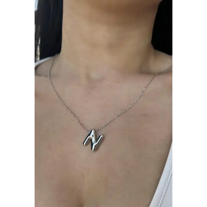 Gümüş Renk N Harf Balon Kolye