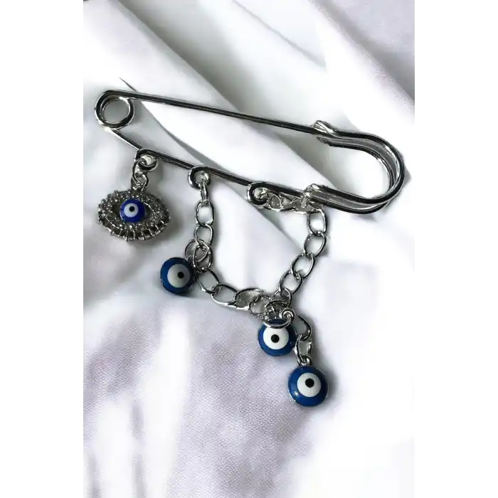Gümüş Renk Nazar Boncuğu Detaylı Göz Figürlü Broş