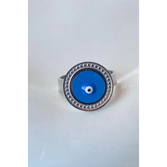 Gümüş Renk Nazar Boncuğu Figürlü Ayarlanabilir Çelik Yüzük