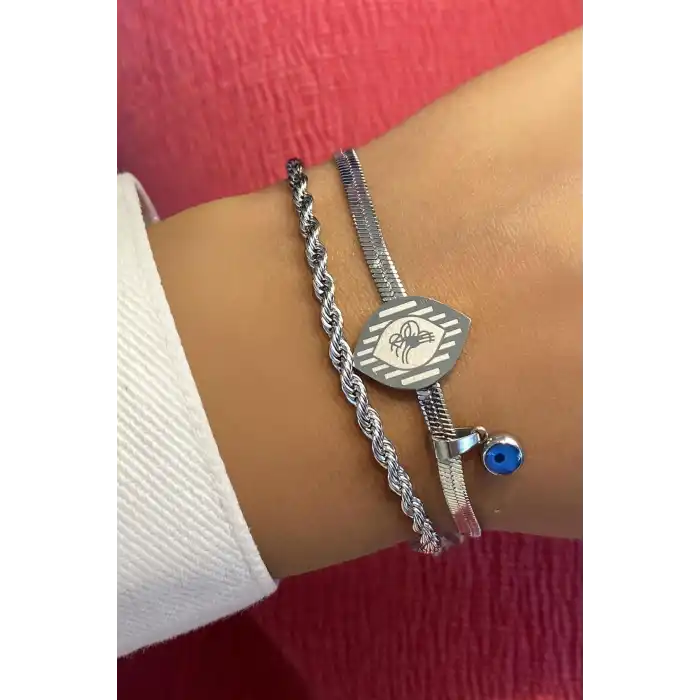 Gümüş Renk Nazar Boncuğu Figürlü Çelik Bileklik