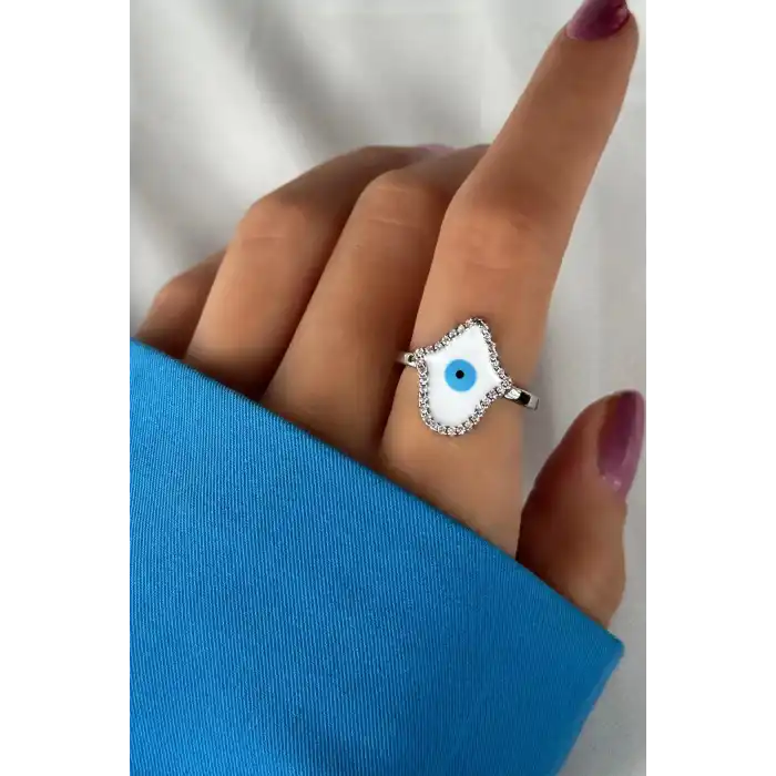 Gümüş Renk Nazar Boncuk Figürlü Ayarlanabilir Yüzük