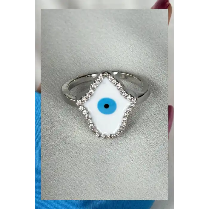Gümüş Renk Nazar Boncuk Figürlü Ayarlanabilir Yüzük