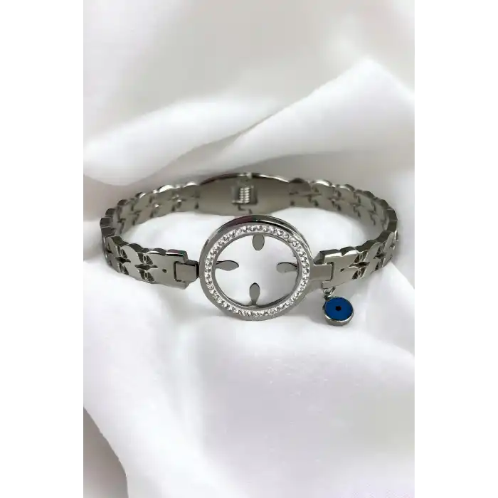 Gümüş Renk Nazar Boncuk Figürlü Çelik Kelepçe Bileklik