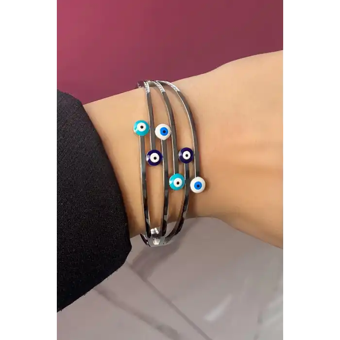 Gümüş Renk Nazar Boncuk Figürlü Çelik Kelepçe Bileklik