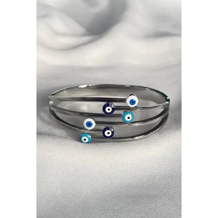 Gümüş Renk Nazar Boncuk Figürlü Çelik Kelepçe Bileklik