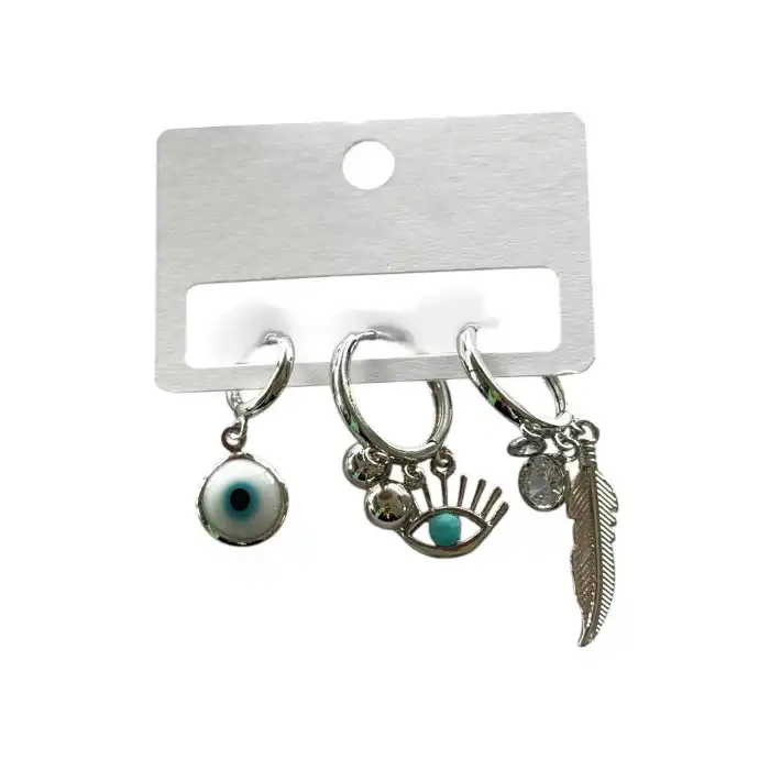 Gümüş Renk Nazar Boncuk Figürlü Taş Detaylı 3lü Küpe Set