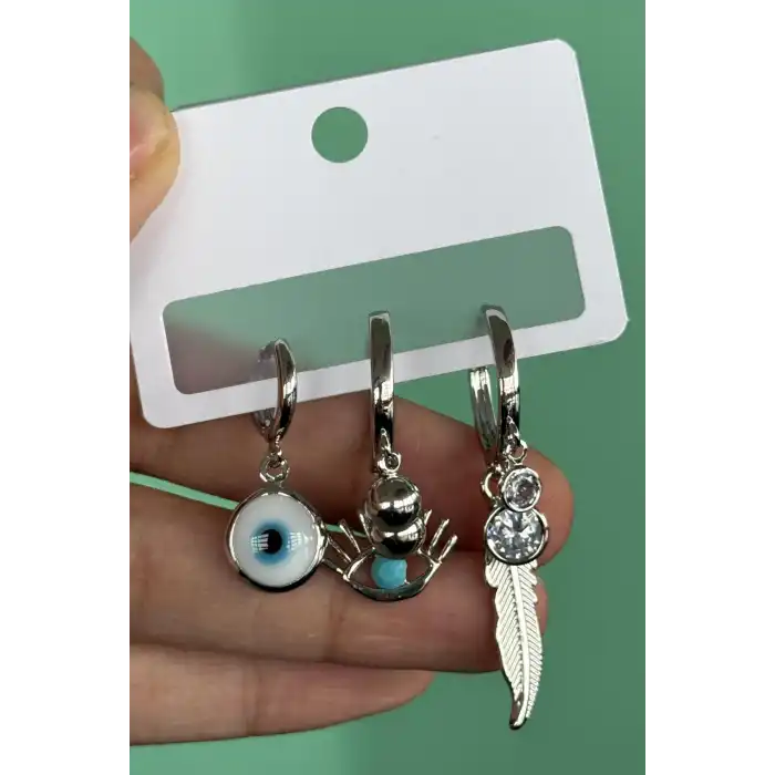 Gümüş Renk Nazar Boncuk Figürlü Taş Detaylı 3lü Küpe Set