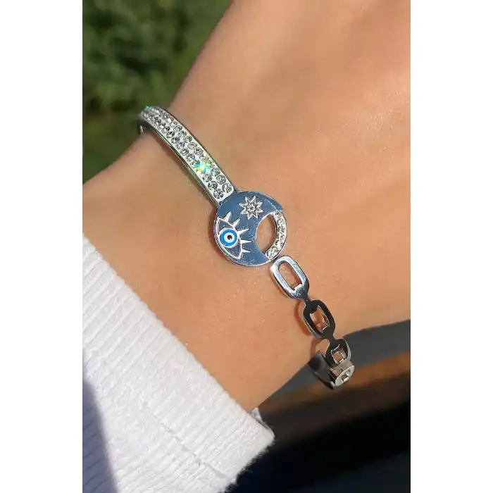Gümüş Renk Nazar Boncuk Figürlü Taş Detaylı Çelik Kelepçe Bileklik