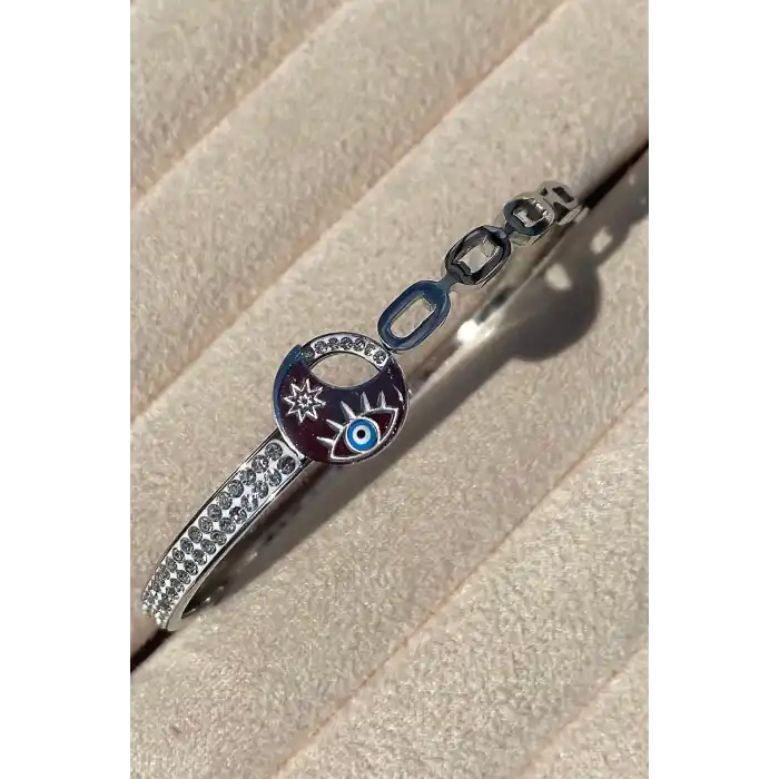 Gümüş Renk Nazar Boncuk Figürlü Taş Detaylı Çelik Kelepçe Bileklik