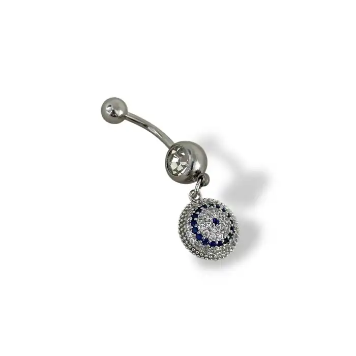 Gümüş Renk Nazar Boncuk Figürlü Taş Detaylı Cerrahi Çelik Göbek Piercing