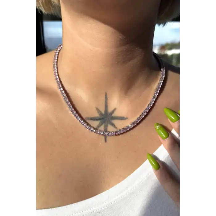 Gümüş Renk Pembe Taş Detaylı 14K Altın Kaplama VİP Kolye