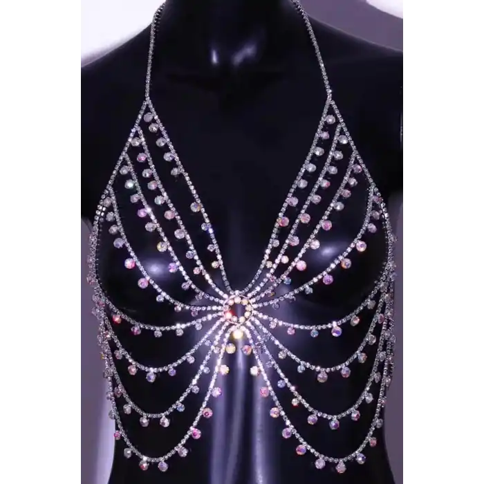 Gümüş Renk Pembe Taş Detaylı Bralet Vücut Aksesuarı