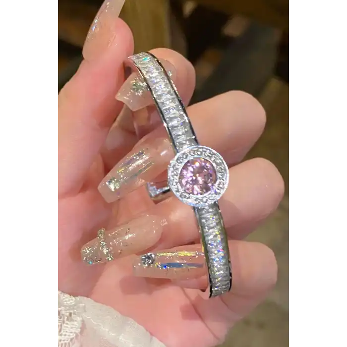Gümüş Renk Pembe Taş Detaylı Çelik Kelepçe Bileklik
