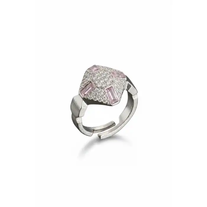 Gümüş Renk Pembe Taş Detaylı Serçe Parmak Yüzük (Ayarlanabilir)