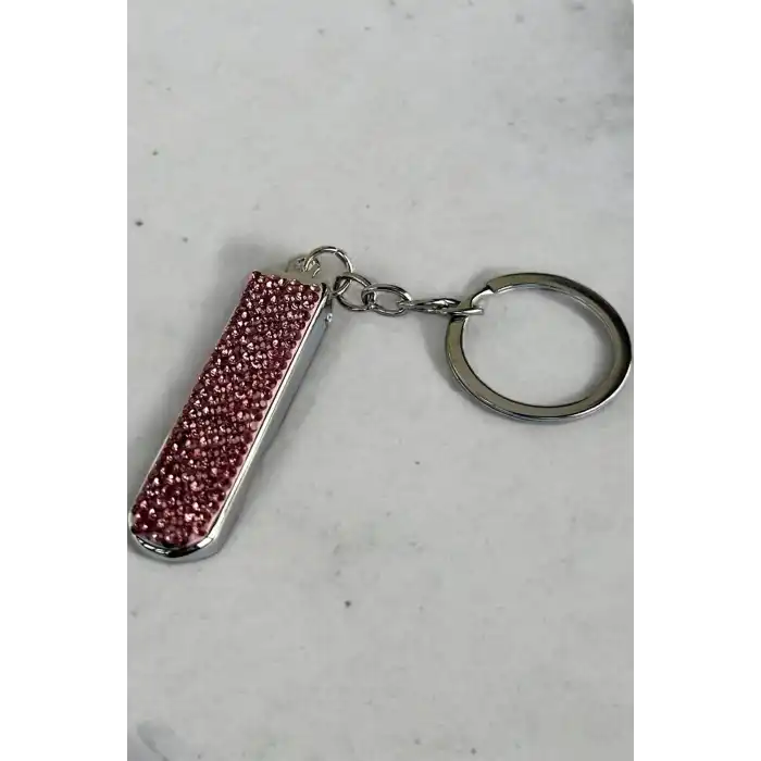 Gümüş Renk Pembe Taş Detaylı Tırnak Makaslı Anahtarlık