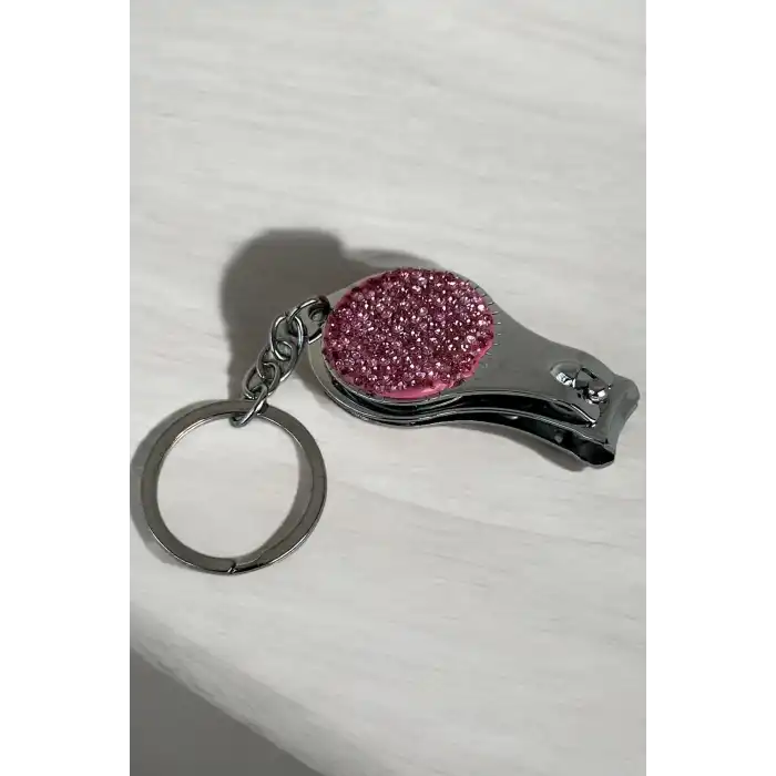 Gümüş Renk Pembe Taş Detaylı Tırnak Makaslı Anahtarlık