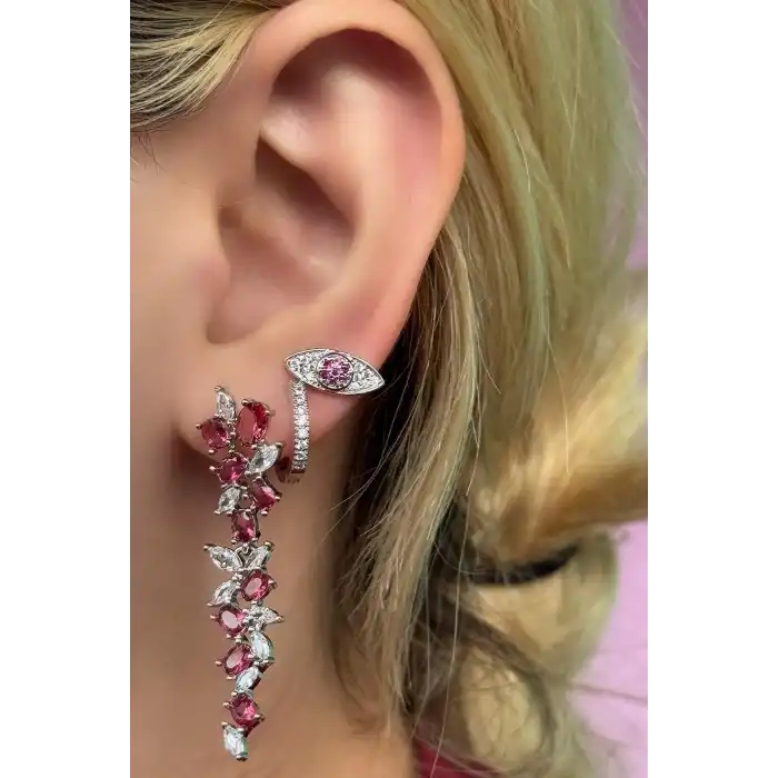 Gümüş Renk Pembe Taş Detaylı VİP 3lü YSX Küpe Set