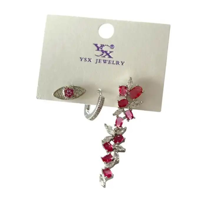 Gümüş Renk Pembe Taş Detaylı VİP 3lü YSX Küpe Set