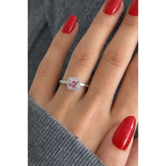 Gümüş Renk Pembe Taşlı Baget Yüzük (Ayarlanabilir)