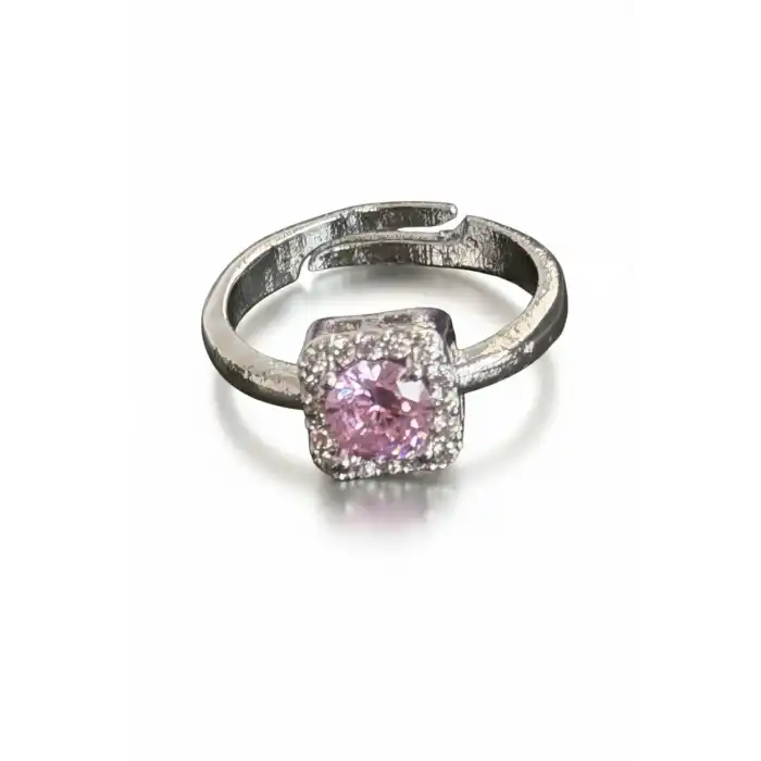 Gümüş Renk Pembe Taşlı Baget Yüzük (Ayarlanabilir)