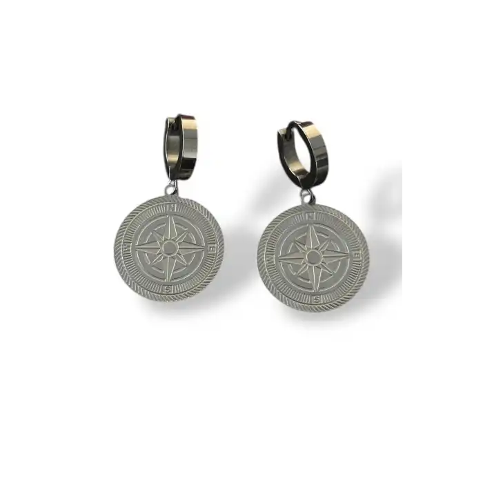 Gümüş Renk Pusula Figürlü Çelik Küpe (Çift)