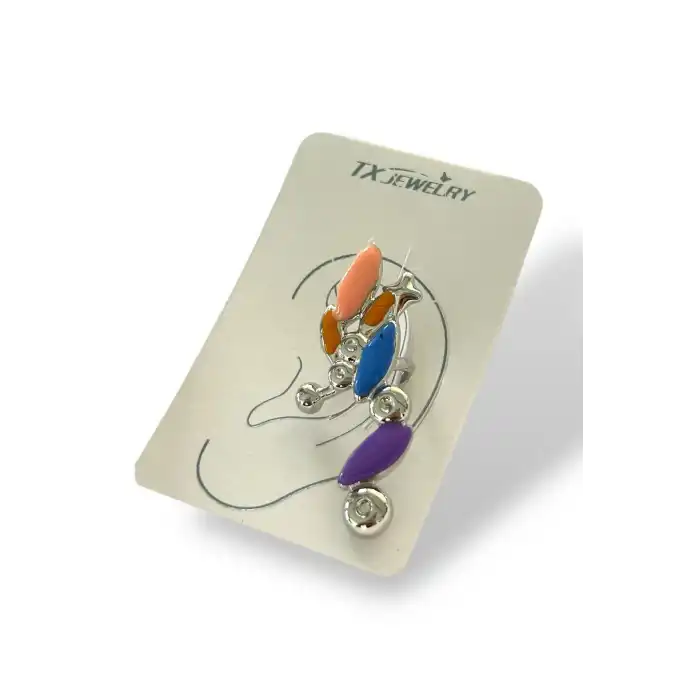 Gümüş Renk Renkli Taş Detaylı 14K Altın Kaplama TX Ear Cuff (Tek)