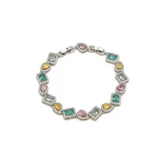 Gümüş Renk Renkli Taş Detaylı Tasarım Bileklik