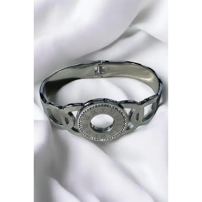 Gümüş Renk Romen Rakamlı Taşlı Çelik Bileklik