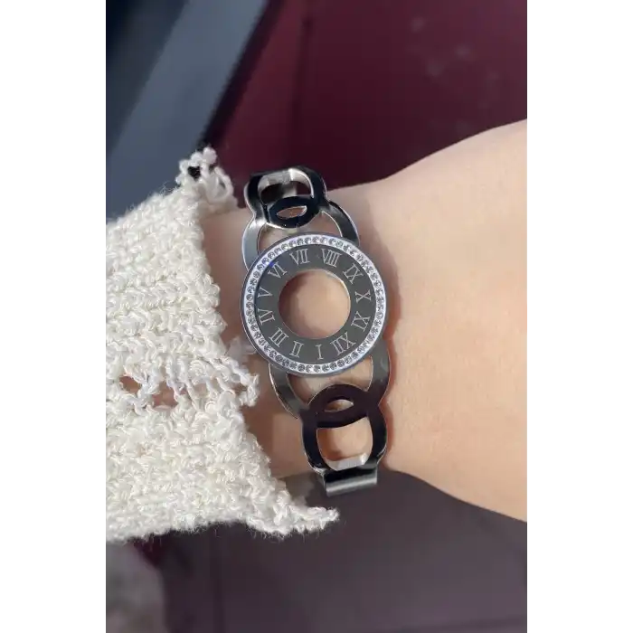 Gümüş Renk Romen Rakamlı Taşlı Çelik Bileklik