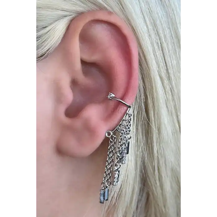 Gümüş Renk Sallantılı Çelik Kulak Aksesuarı (Tek)