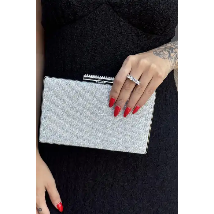 Gümüş Renk Simli Abiye Portföy Çanta