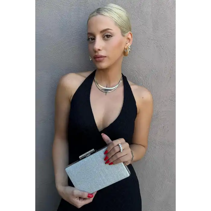 Gümüş Renk Simli Abiye Portföy Çanta