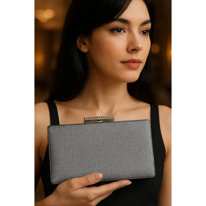 Gümüş Renk Simli Abiye Portföy Çanta