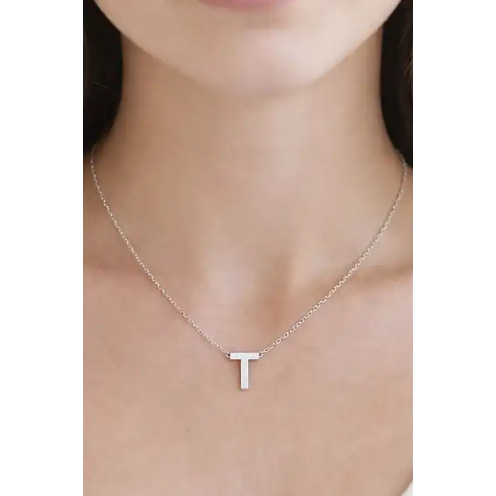 Gümüş Renk T Harf Çelik Kolye