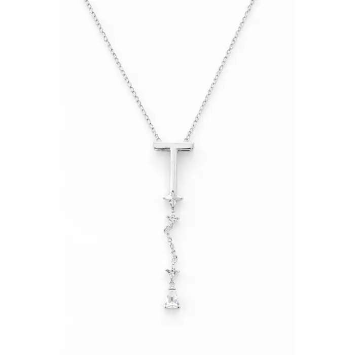 Gümüş Renk T Harfli Taş Detaylı Çelik Kolye